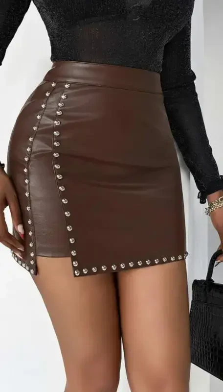 Women's High Waist Studded Mini Leather Skirt - 4
