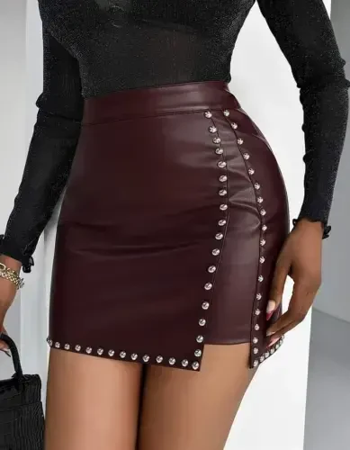 Women's High Waist Studded Mini Leather Skirt - 1