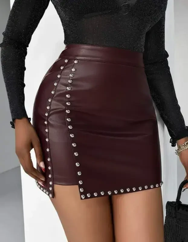 Women's High Waist Studded Mini Leather Skirt - 4