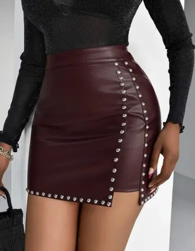 Women's High Waist Studded Mini Leather Skirt - 1