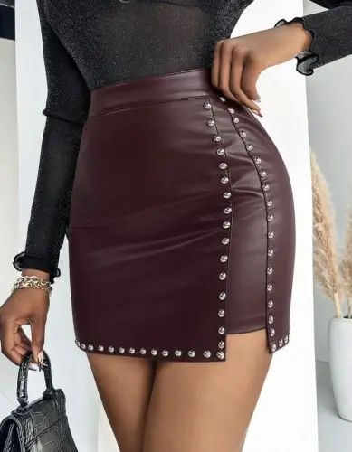 Women's High Waist Studded Mini Leather Skirt - BÜYÜKBEDENIZ (1)