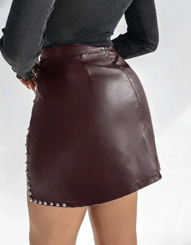 Women's High Waist Studded Mini Leather Skirt - 3