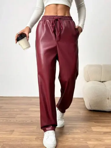 Women's High Waist Tie-Up Leather Pants - 1