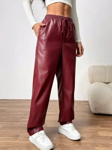 Women's High Waist Tie-Up Leather Pants - BÜYÜKBEDENIZ (1)