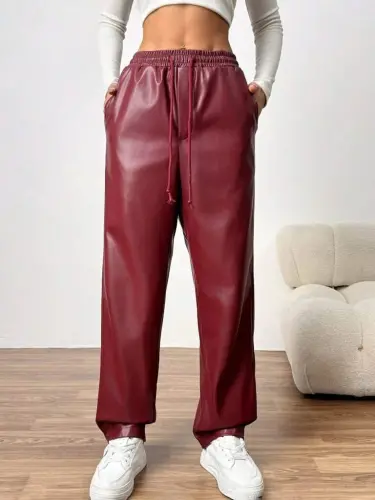 Women's High Waist Tie-Up Leather Pants - 3