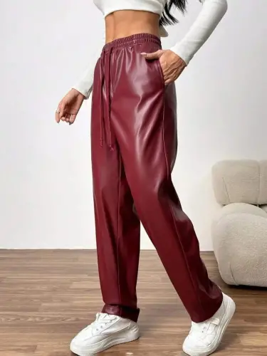 Women's High Waist Tie-Up Leather Pants - 4