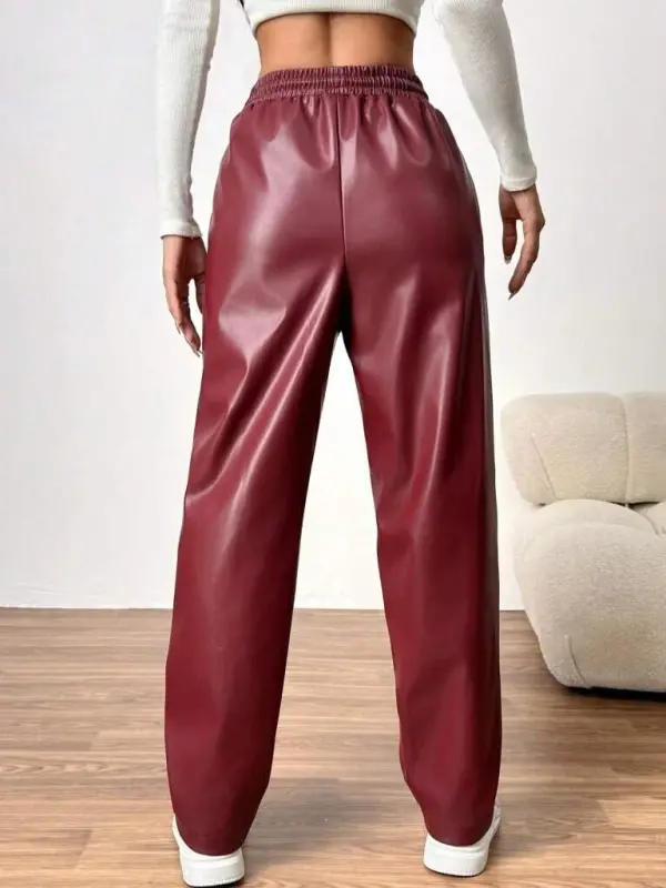Women's High Waist Tie-Up Leather Pants - 5
