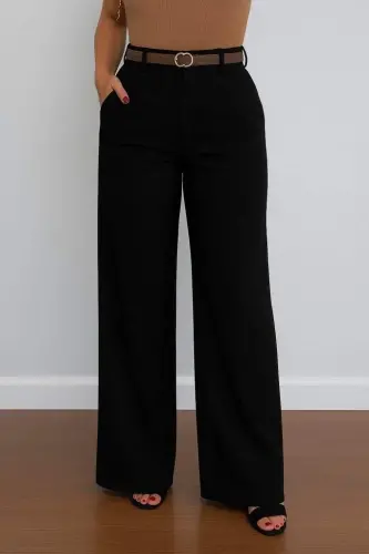 Women's High Waist Wide Leg Detailed Pocket Imported Crepe Trousers - 3