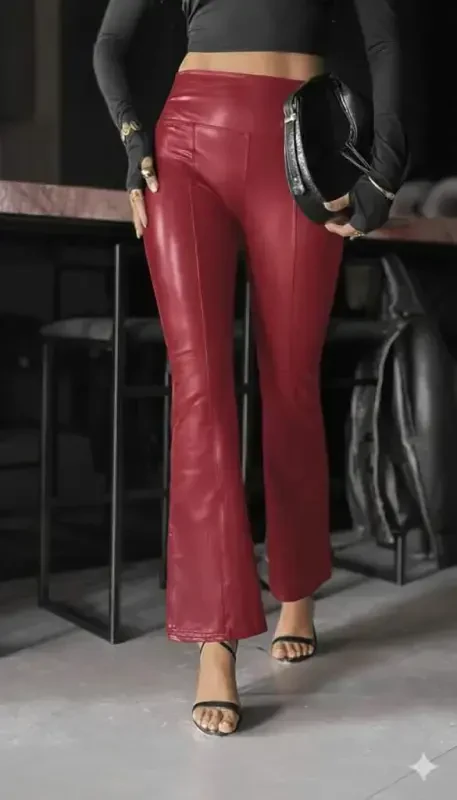 Women's High Waist Wide Leg Leather Pants - BÜYÜKBEDENIZ