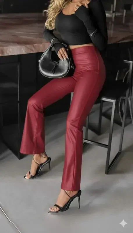 Women's High Waist Wide Leg Leather Pants - 2
