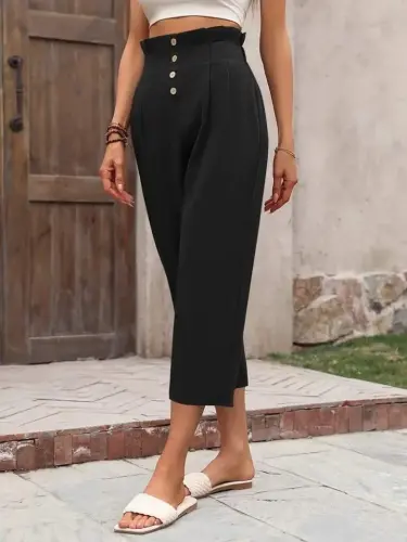Women's High Waisted Button Front Imported Linen Pants - BÜYÜKBEDENIZ (1)