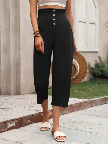 Women's High Waisted Button Front Imported Linen Pants - 4