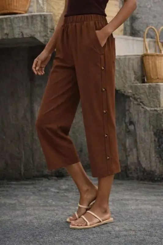 Women's High Waisted Elasticated Side Button Detail Midi Trousers - 1