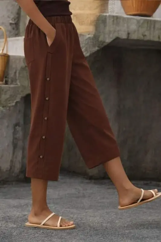 Women's High Waisted Elasticated Side Button Detail Midi Trousers - 3