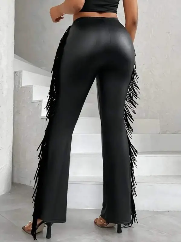 Women's High-Waisted Faux Leather Pants with Side Tassels - 5