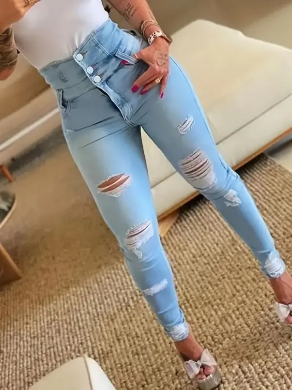 Women's High Waisted Front Button-Up Ripped Detail Jeans - 1
