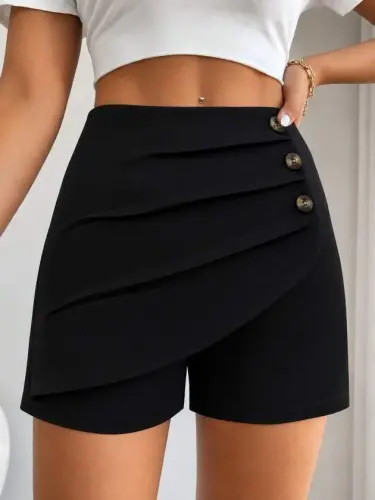 Women's High-Waisted Front-Pleated and Buttoned Short Imported Crepe Shorts - 1