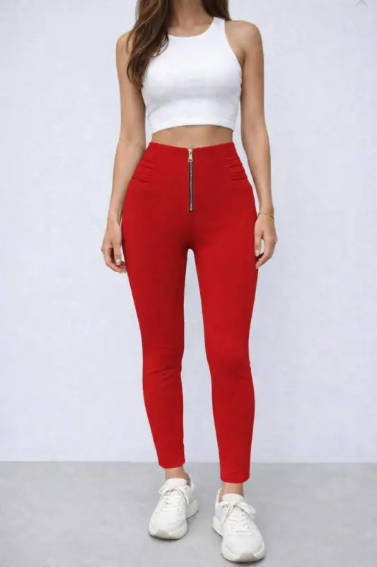 Women's High Waisted Front Zipper And Pintuck Detailed Scuba Leggings - 1