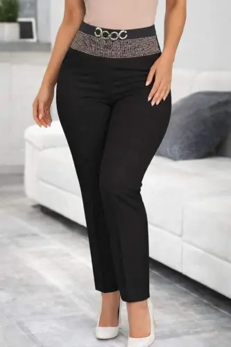 Women's High-Waisted Imported Crepe Trousers with Rhinestone and Buckle Detail on the Front - 3