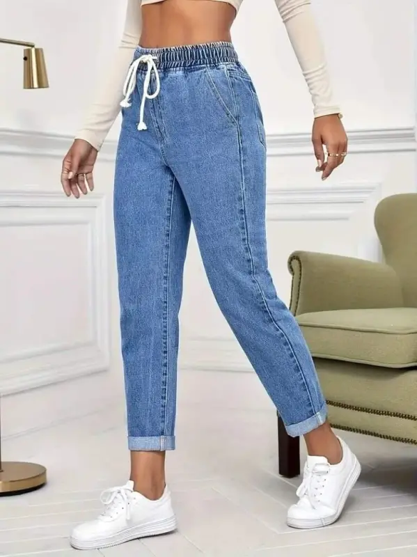 Women's High Waisted Lace-Up Jeans - 1
