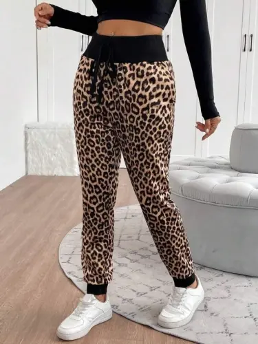 Women's High-Waisted Lace-Up Patterned Two-Thread Trousers - 4