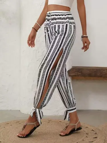 Women's High-Waisted Patterned Pants with Tie-Up Cuffs and Side Slits - 5
