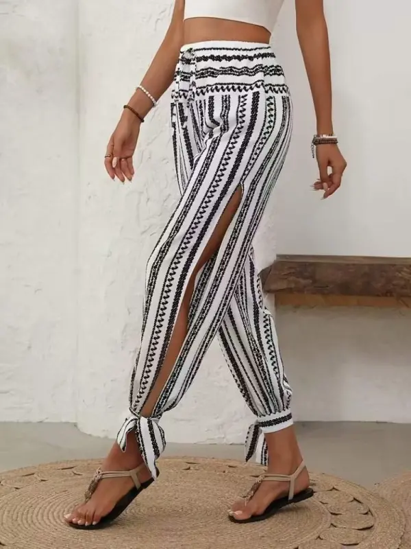 Women's High-Waisted Patterned Pants with Tie-Up Cuffs and Side Slits - 5