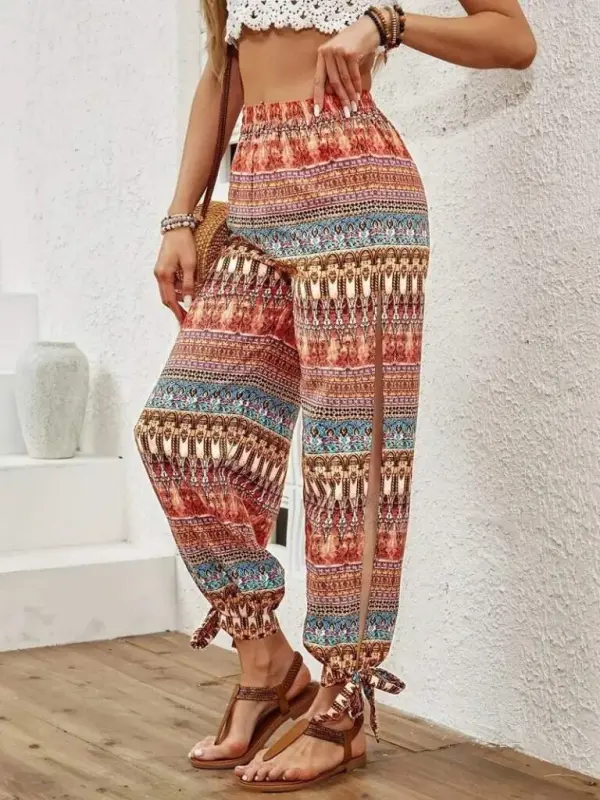 Women's High-Waisted Side Slit Patterned Seersucker Trousers - 4