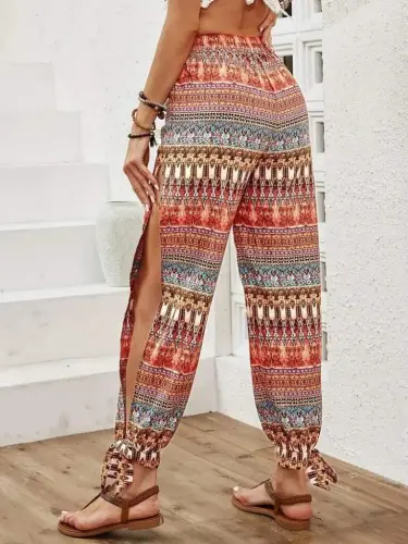 Women's High-Waisted Side Slit Patterned Seersucker Trousers - 5