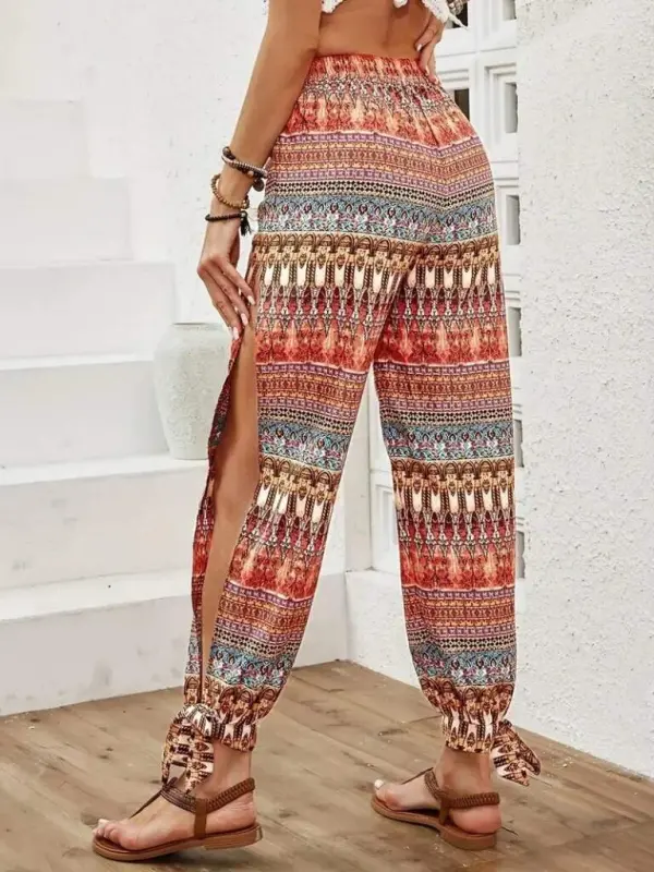 Women's High-Waisted Side Slit Patterned Seersucker Trousers - 5