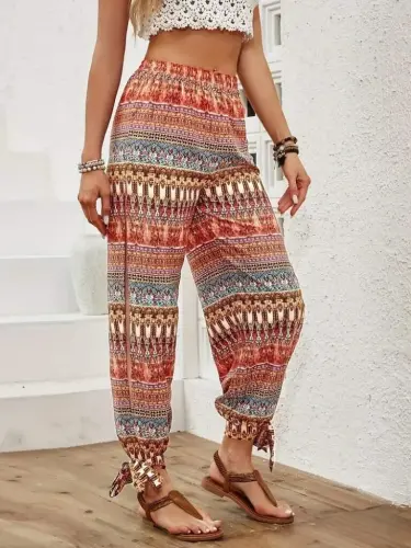 Women's High Waisted Slit Detailed Patterned Crinkle Pants - BÜYÜKBEDENIZ (1)