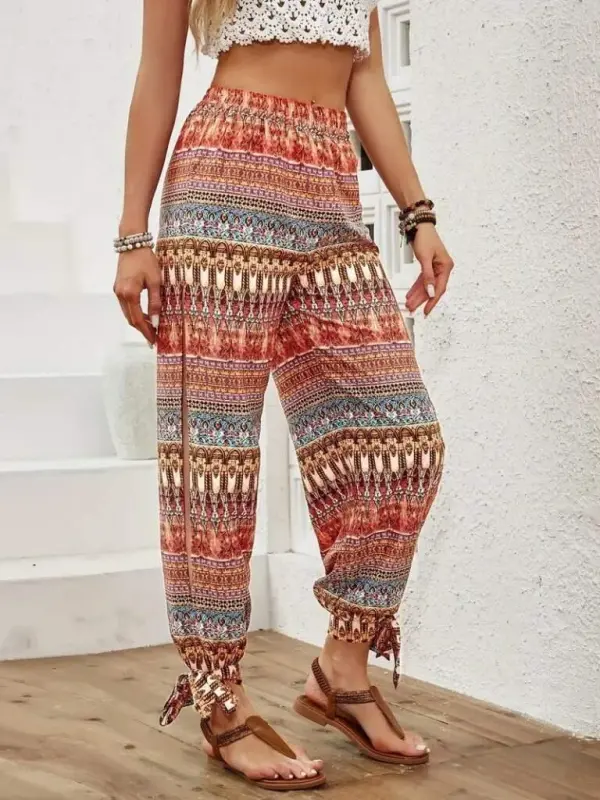 Women's High Waisted Slit Detailed Patterned Crinkle Pants - 2