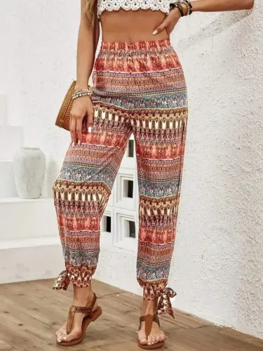 Women's High Waisted Slit Detailed Patterned Crinkle Pants - 3