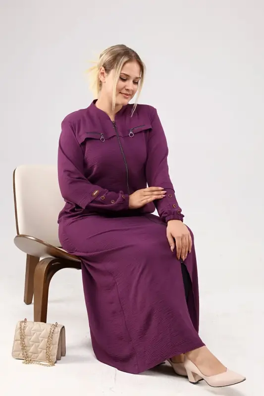 Women's Hijab Abaya Zippered Aerobin Purple-Purple - 8