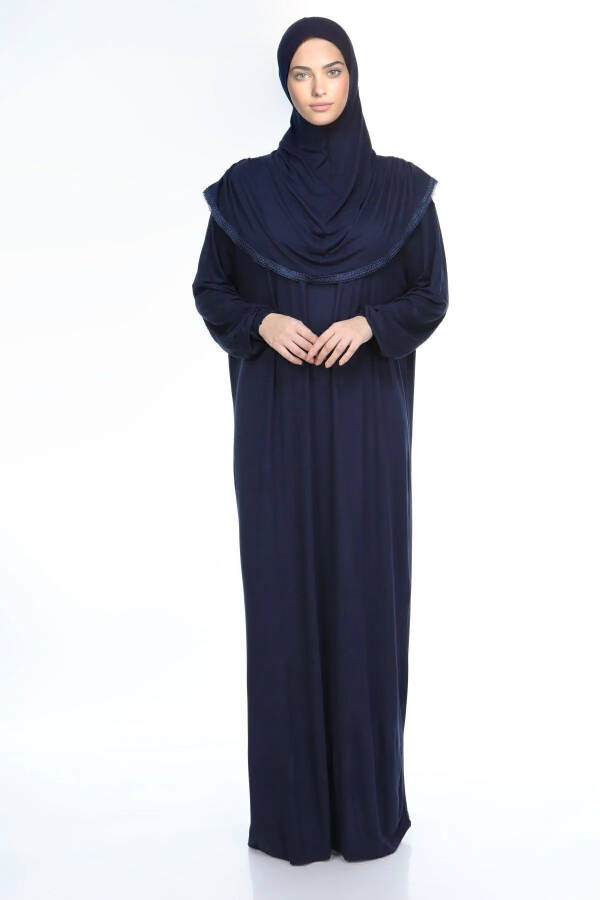 Women's Hijab Cotton Headscarf Prayer Dress Lace One Piece Cotton Fabric Navy Blue - 1