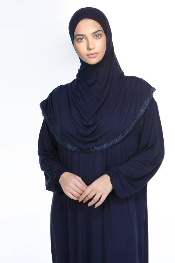 Women's Hijab Cotton Headscarf Prayer Dress Lace One Piece Cotton Fabric Navy Blue - 3