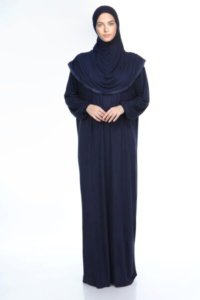 Women's Hijab Cotton Headscarf Prayer Dress Lace One Piece Cotton Fabric Navy Blue - SONBAHARMODA