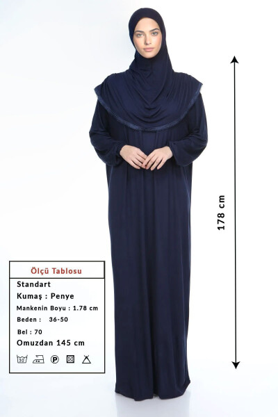 Women's Hijab Cotton Headscarf Prayer Dress Lace One Piece Cotton Fabric Navy Blue - SONBAHARMODA (1)