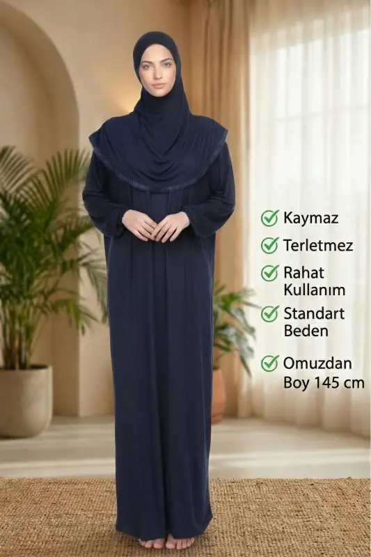 Women's Hijab Cotton Headscarf Prayer Dress Lace One Piece Cotton Fabric Navy Blue - SONBAHARMODA