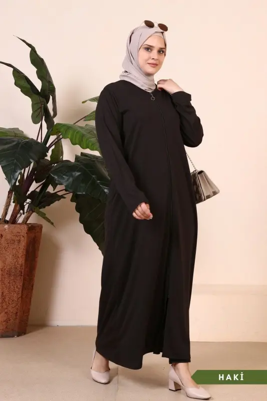 Women's Hijab One Piece Zippered Prayer Dress Khaki-Khaki - 1