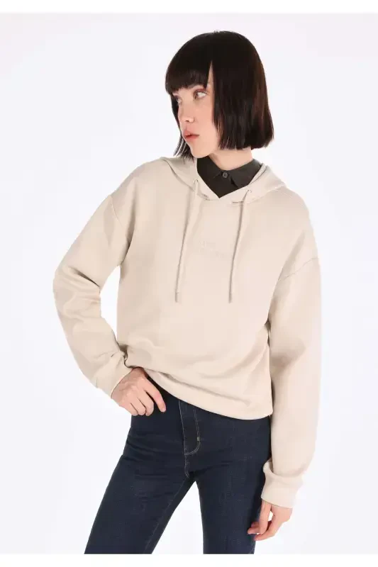 Women's hooded, beige, regular fit sweatshirt - COLIN’S