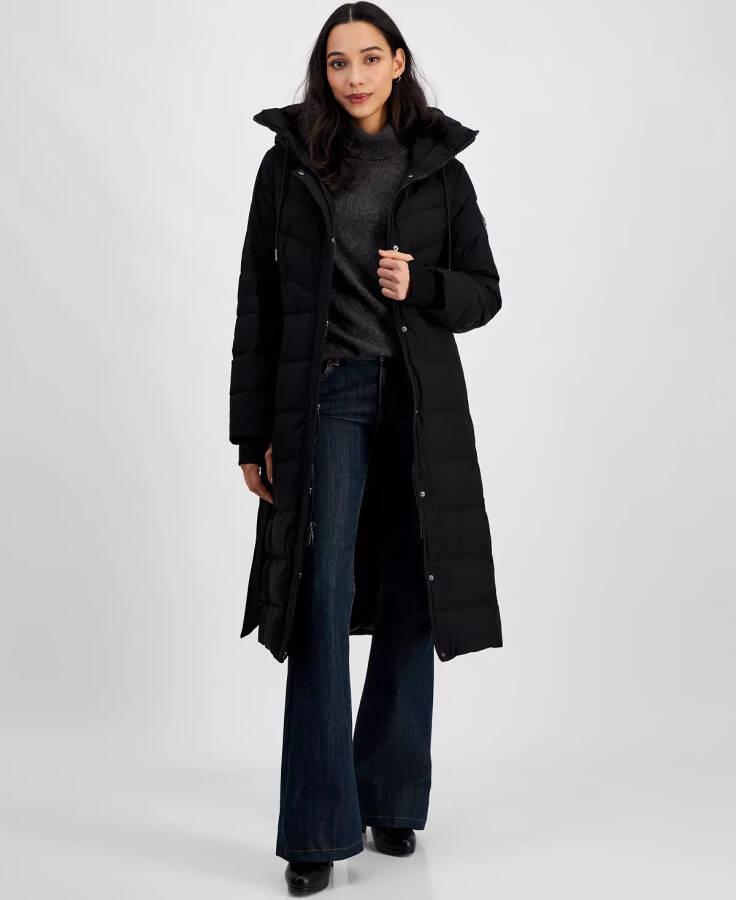 Women's Hooded Belted Puffer Coat Black - 1