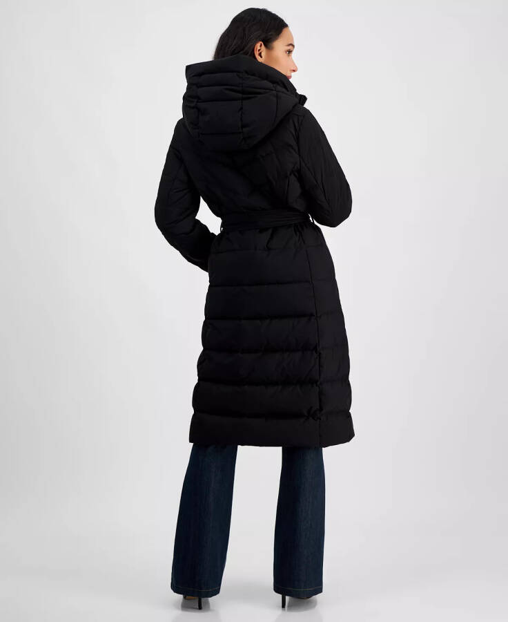 Women's Hooded Belted Puffer Coat Black - 2