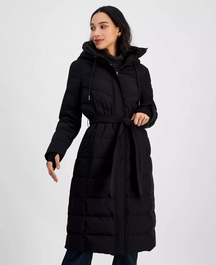 Women's Hooded Belted Puffer Coat Black - 3