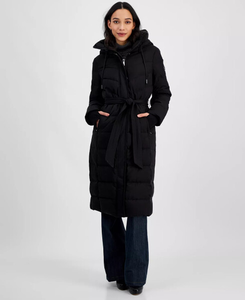 Women's Hooded Belted Puffer Coat Black - 4