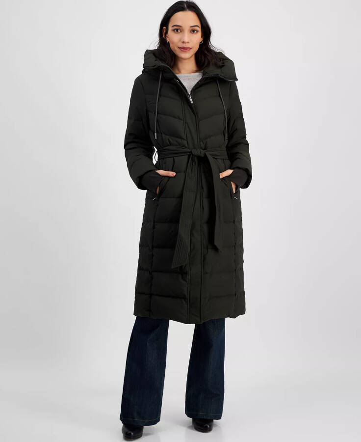 Women's Hooded Belted Puffer Coat Dark Olive - 1