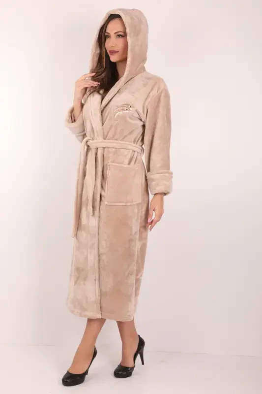 Women's Hooded Embroidered 100% Bamboo Long Robe-beige - WILD LOVE