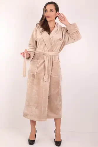 Women's Hooded Embroidered 100% Bamboo Long Robe-beige - WILD LOVE (1)