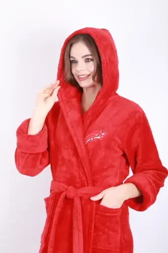 Women's Hooded Embroidered Bamboo Long Robe-fire red - WILD LOVE (1)