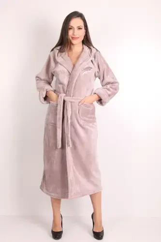 Women's Hooded Embroidered Bamboo Long Robe-milk brown - 1